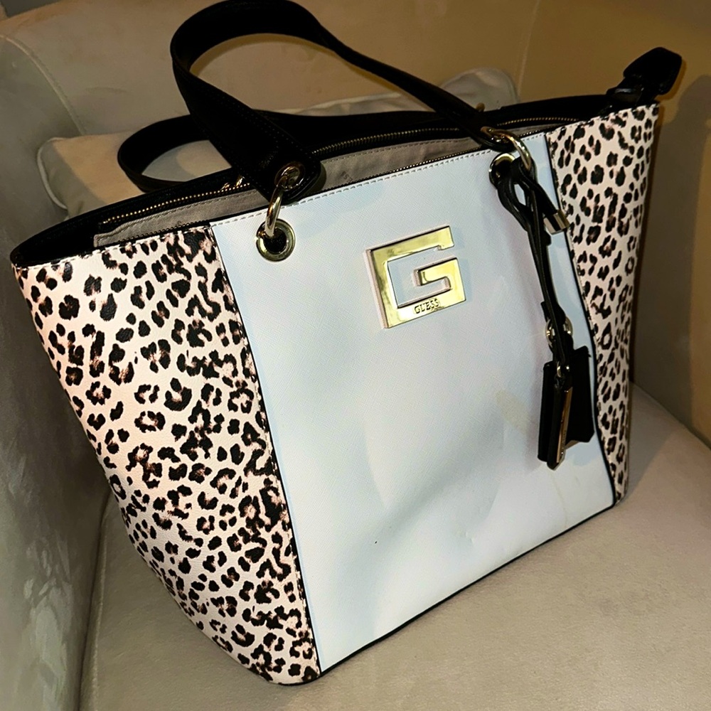 Guess color block leopard print tote bag
